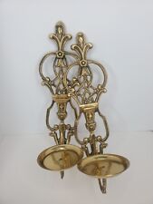 Pair of Vintage Brass Intricate Detail Wall Sconce Candle Holders 14