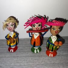 3 Darling Vintage Folk Art Miniature Wood Peg Dolls Tropical Musicians Straw Hat picture