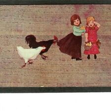 ANTIQUE PC  Addressed-Not Mailed   2 Young Girls Being Chased by Chickens picture