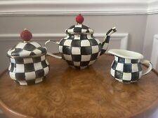 Mackenzie Childs Courtly Check Enamel 4 Cup Teapot Sugar Bowl And Creamer Set picture