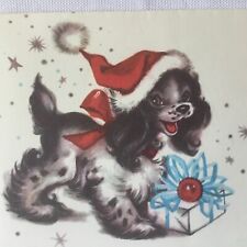 VTG Christmas Greeting Card little spaniel puppy with santa hat Hello  picture