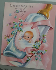1953 Vtg BABY w BOTTLE CONGRATULATIONS Pink Salesman Sample CARD picture