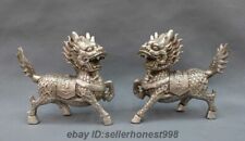 China White Copper Silver Palace Fengshui Foo Dog Liuon Dragon Kylin Statue Pair picture