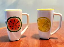 2 VIETRI  Tall Coffee Mugs Hand-Painted Watermelon and Lemon Made In Italy picture