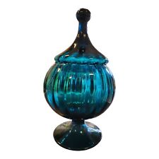 Vintage Empoli Art Glass Mid Century MCM Pedestal Jar Teal Blue w/Lid-Perfect picture