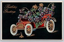 Birthday Car Flowers Gold Gilt Gel Black Reflective Background 1909 Postcard (B) picture