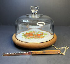 Vintage 70's Good Wood Cheese Plate & Glass Dome Lid With Attached Knife picture