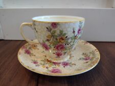 Vintage Sampson Smith Yellow Pink Cabbage Rose Old Royal Tea Cup Saucer England picture