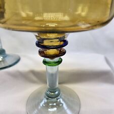 2 Hand Blown Mexican Margarita Glasses Amber To Clear W Color Bands Stem Unique picture