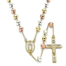 BEAUTIFUL TRICOLOR LARGE 18K GOLD OVER SILVER  GUADALUPE ROSARY NECKLACE picture
