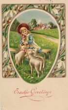 EASTER - Girl, Lambs and Flowers Easter Greetings Postcard - 1910 picture