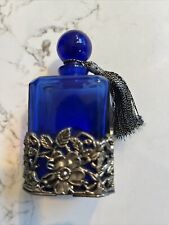 VTG Cobalt Blue Glass Perfume Bottle With Floral Silver Tone Metal Base W/Tassel picture