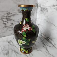 Vintage Chinese Cloisonne Vase Black And Floral  9.25” H Brass Enamel picture