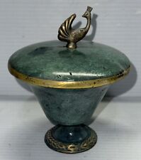 Vintage Israel Midcentury Modern Green Enameled Bronze Base Trinket Box Peacock picture