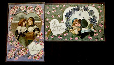 Lot of 2 Victorian Children in Hearts~ Flowers~ Valentine's Day Postcards~g534 picture