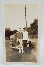 TWO HANDSOME YOUNG MEN~VTG PHOTO~ARMS AROUND SHOULDER~HOLDING DOPP KIT~PAPERS picture