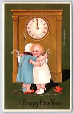 PFB Marie Flatscher New Year~Two Toddler Girls Hug by Grandfather Clock~1909 picture