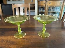 Pair Of Vintage Vaseline Glass Compotes With Gold Floral Trim picture