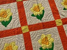 Antique 1930's Applique and Pieced Quilt Green Orange Yellow and White Vintage picture