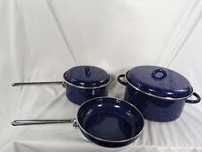 Vintage Blue/White Speckled Enamelware Farmhouse Lot Of 3 Camping Pots Pans picture