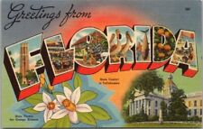 1940s FLORIDA Large Letter LINEN Postcard State Capitol & Orange Blossom Flower picture