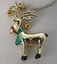Vintage Comical Christmas Reindeer ( Moose ) w/Bells Gold Tone Enamel Pin by AJC picture