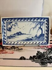 VINTAGE Oriental STYLE BLUE WHITE LANDSCAPE CERAMIC  RECTANGLE TRAY PLATE 9”x5” picture