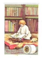 c1887 Trade Card J & P. Coats Spool Cotton Young Child Reading a Book & Cat picture
