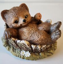 Vintage Homco 1986 Masterpiece Porcelain Bear Cub In Tree Stump Eating Apple picture