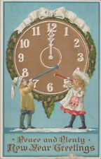 New Year gold clock children blow horns doll hats embossed c1910s postcard A859 picture