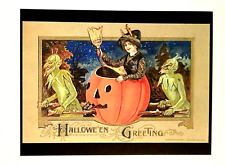 *Halloween* Postcard: Witch,Pumpkin Carriage, Goblins Vintage Image~Reproduction picture