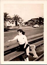 c1930 Beautiful Woman Posing On Bench Palm Trees Ocean Blvd Snapshot Photo picture