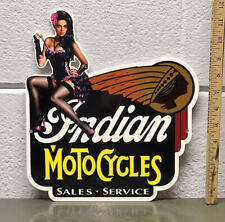 Indian Motorcycles Sales Service Metal Diecut Sign Dealership Gas Oil Pin Up picture