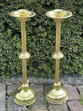 PAIR Lg. Antique Victorian Religious Ecclesiastical Polished Brass Candle Stick picture