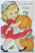 Vtg Thanksgiving Card-CUTE LITTLE GIRL RED FLOCKED DRESS CARRYING A BIG PUMPKIN picture