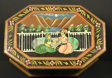 Vintage Octagon India Hand Painted Wooden Box Hinge Lid Raja Rani King Queen Vtg picture