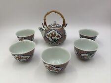 Kutani Japanese Tea Set Teapot and 5 Cups Bamboo Handle Bamboo & Bonsai Tree picture