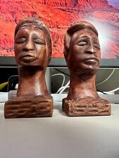 African Busts Pair of Hand Carved Fine Art Exquisite Wood Vintage Male & Female picture