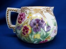 HAND-PAINTED LENOX BELLEEK PITCHER W/ GOLD BIRDS OVER VIBRANT PANSY FLOWERS picture
