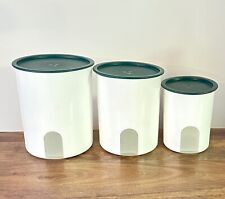 TUPPERWARE Canisters Set of 3 One Touch Reminder White w/ Green Lids Seals A C D picture