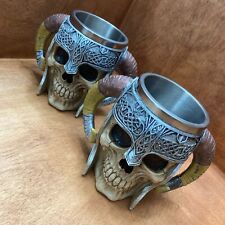 3D Skull Mugs Stainless Steel Viking Cup Ram Horns Skeleton Head Stein Tankard picture