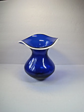 Beautiful Art Glass Cobalt Blue Vase Ruffled Collar W/White Edge 9