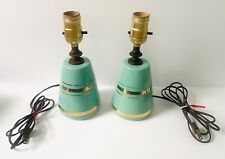 Pair MCM Mid Century Table LAMPS Light Turquoise Seafoam Gold Trim 9” WORKING picture