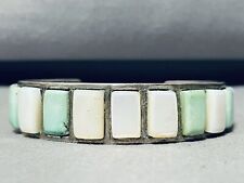 7 INCH WRIST VINTAGE NAVAJO GREEN TURQUOISE PEARL STERLING SILVER BRACELET picture