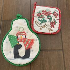 Vintage Christmas Quilted Potholders Set of Two Penguin and Geese picture