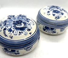 Vintage  Delft Ceramic Hand Painted Holland Lidded Trinket Dish Lot of 2 picture