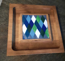 Vintage cheese board tile MCM wood Ernest Sohn blue green tray picture