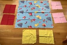 Vintage Flour Feed Sacks fruit table Cloth & 6 plain red yellow pink napkins picture