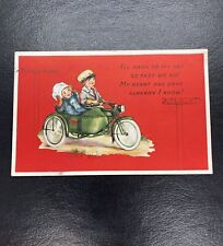 c1910's Motorcycle Driving Fast I'll Hang To My Hat So Fast We Go Postcard picture