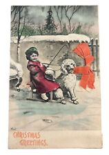 c1905 Girl Sled Dog Snow Bow Novelty Applique Christmas P785 picture